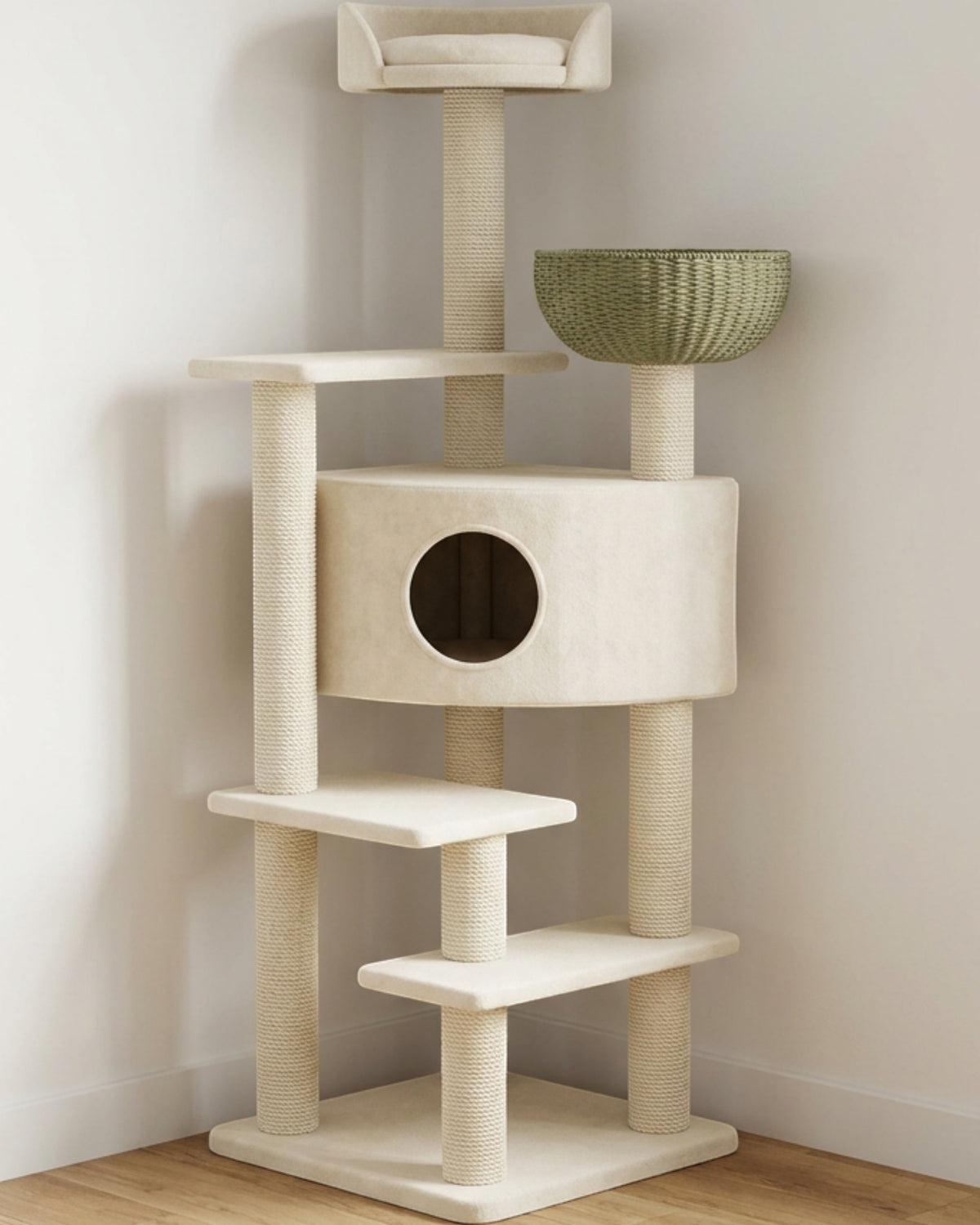 Pexma Tri-Level Corner Condo Cat Tower Olive Cream 145 cm - Lifestyle view