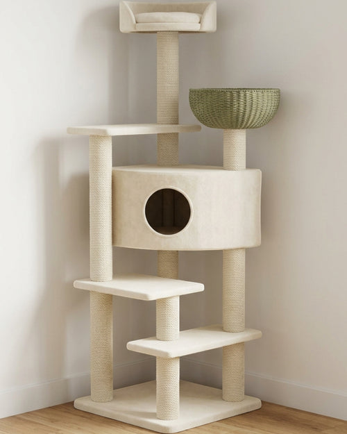 Pexma Tri-Level Corner Condo Cat Tower Olive Cream 145 cm - Lifestyle view