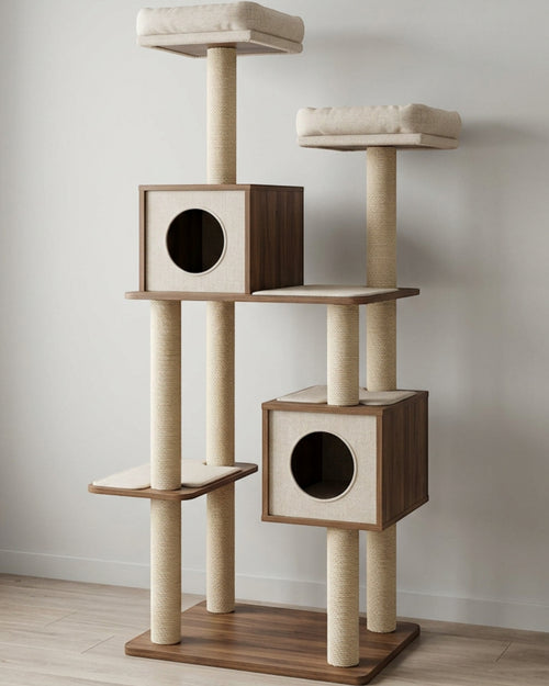 Pexma Two-Condo Wide Platform Cat Tree Walnut Oatmeal 165 cm - Lifestyle view